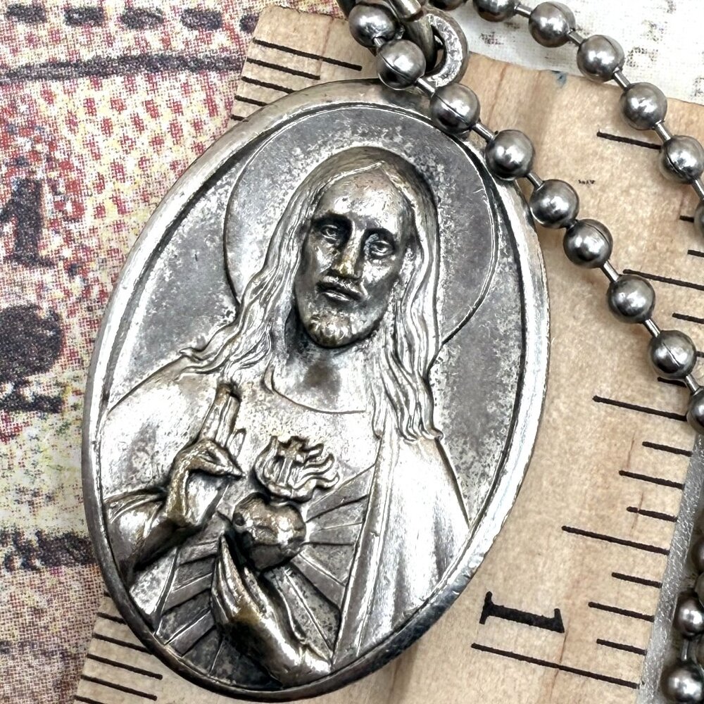 Vintage Jesus Sacred Heart Our Lady Religious Medal Long Chain Necklace Catholic